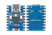 Two blue ESP32-C3-Zero microcontroller development boards shown side by side on a white background, displaying both the front USB-C port and the back pin layout.